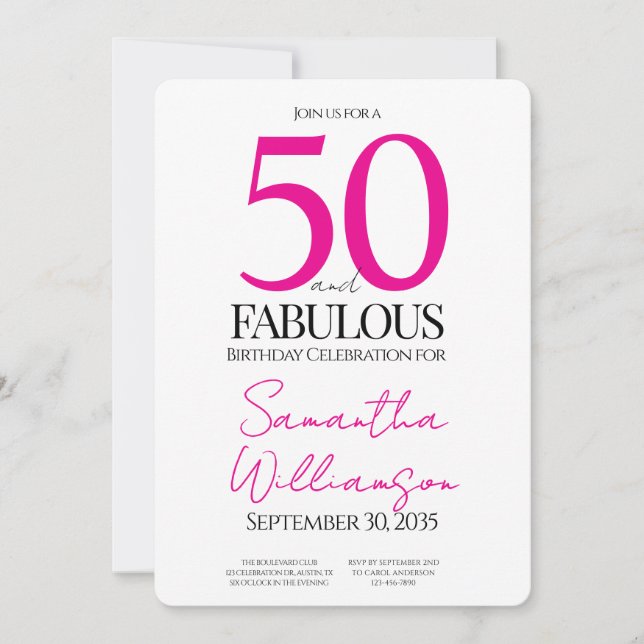 Invitation Minimal 50 et rose Fabulous 50e Anniversaire (Devant)