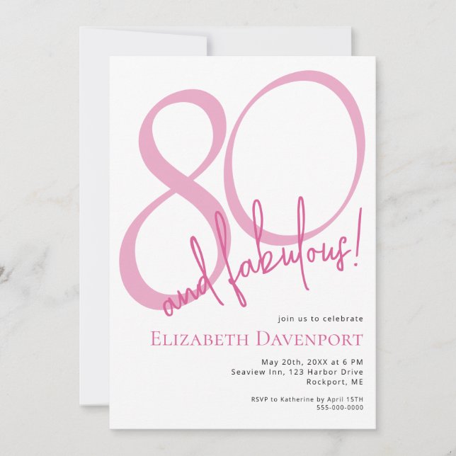 Invitation Minimal 80 ans et Fabulux Anniversaire Rose (Devant)