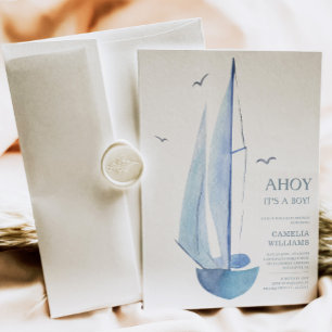 Invitation Minimal Aquarelle Baby shower à voile Ahoy Boy's