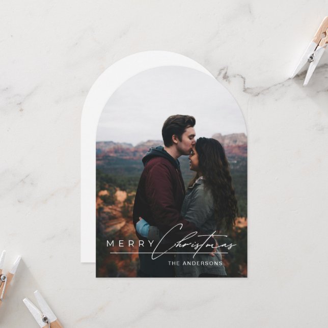 Invitation Minimal Arch 1 Photo Merry Christmas Holiday Card (Devant/Arrière en situation)