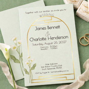 Invitation Minimal Art Nouveau Arche en Or Lys Sauge Mariage