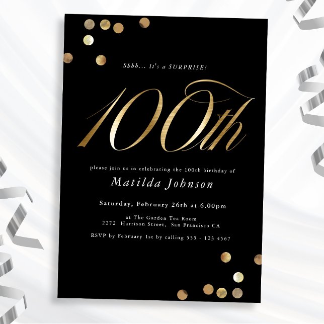 Invitation Minimal Black Gold Surprise 100e fête d'anniversai (Mockup View)