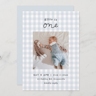 Invitation Minimal bleu En vichy photo 1er anniversaire Invit