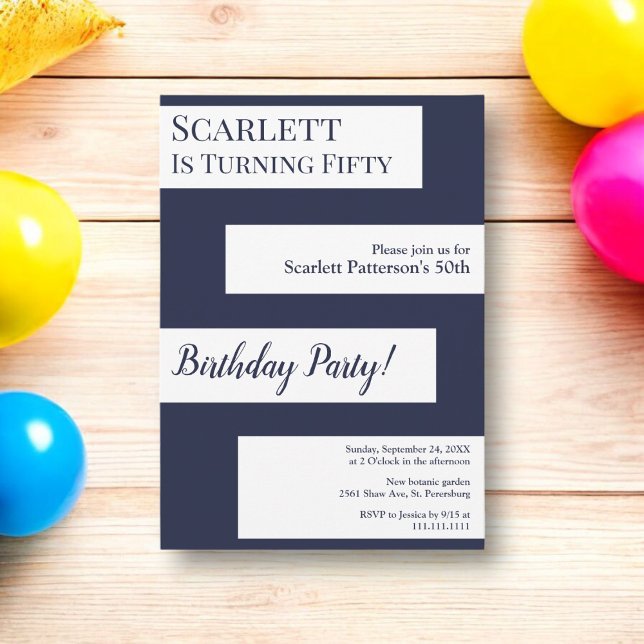 Invitation Minimal Bleu Marine Blanc Élégant Chic 50e Anniver (Créateur téléchargé)