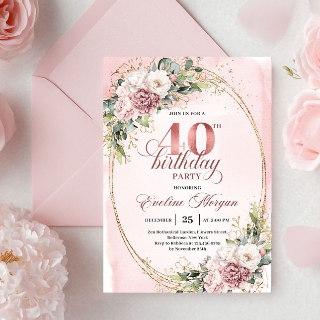 Invitation Minimal Boho Dusty Pink Floral Gold 40th Birthday (Minimal Boho Dusty Pink Floral 40th Birthday Invitation)