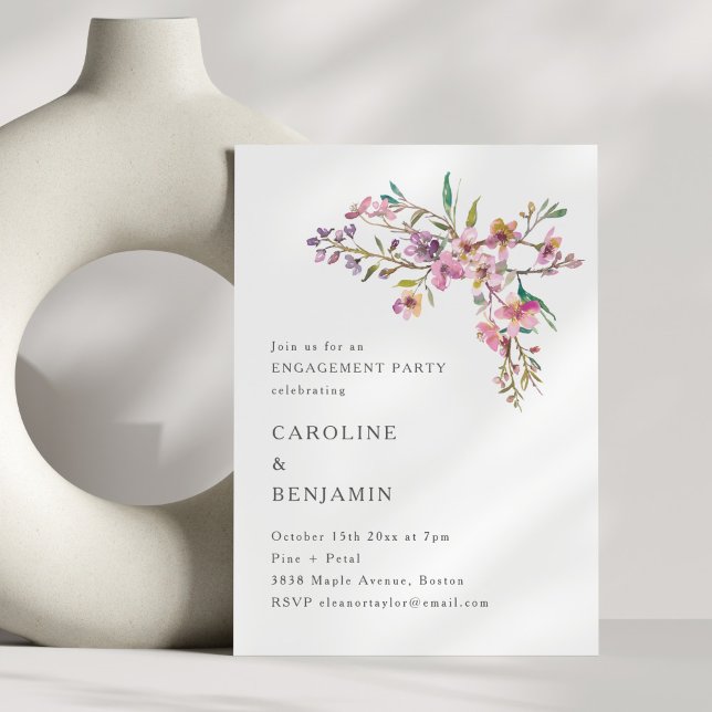 Invitation Minimal Boho Pink Wildflowers Engagement Party (Créateur téléchargé)