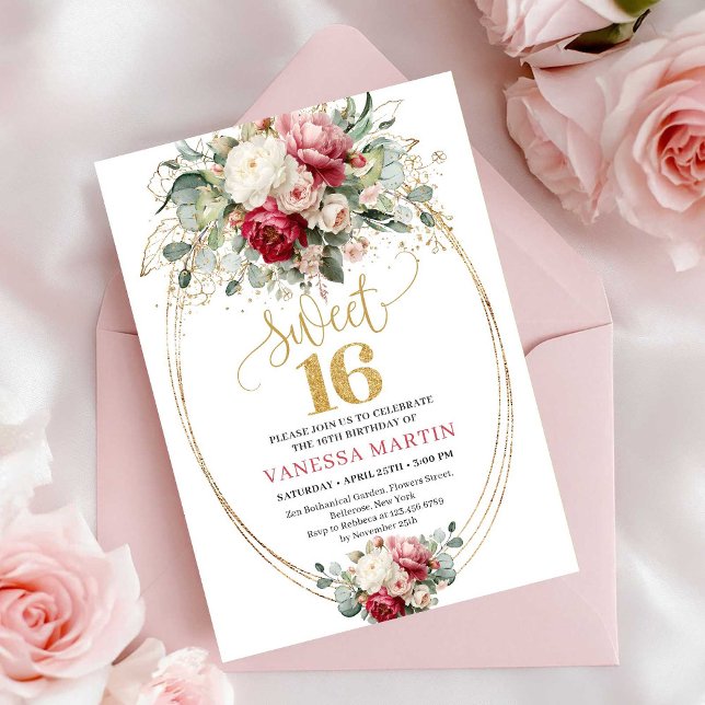 Invitation Minimal Burgundy Blush Gold Floral Sweet 16 Invite (Minimal Burgundy Blush Gold Floral Sweet 16 Invite)