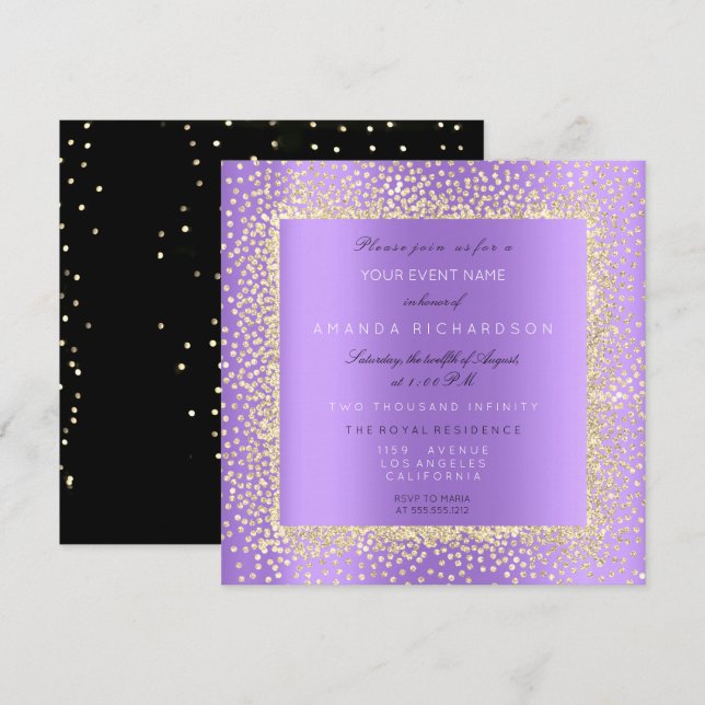 Invitation Minimal Champagn Or Noir Confettis Violet Pourpre (Devant / Derrière)