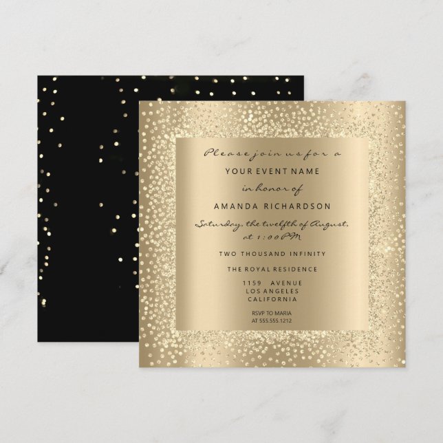 Invitation Minimal Champaigne or noir Confetti Sépia Glam (Devant / Derrière)