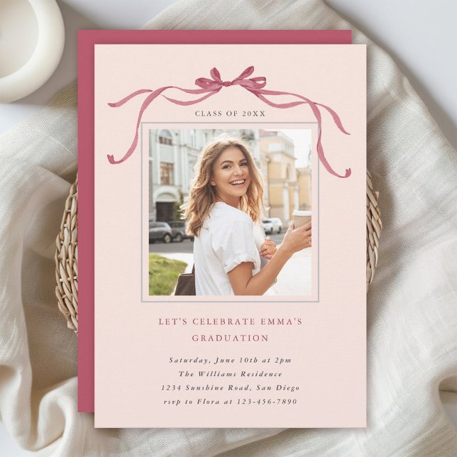 Invitation Minimal Deep Blush Bow Graduation Party Photo Pink (Créateur téléchargé)