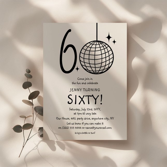Invitation Minimal Doodle 60e Anniversaire Boule Disco  (Créateur téléchargé)