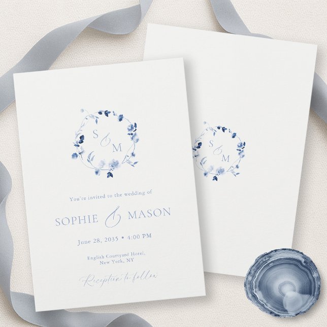 Invitation Minimal Dusty Blue Monogram Wreath Wedding  (Créateur téléchargé)