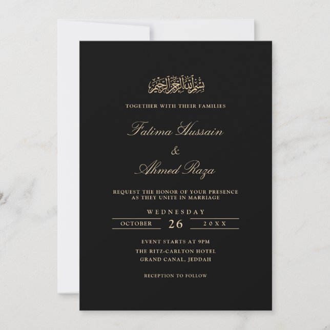 Invitation Minimal Elegant Gold Script Black Muslim Wedding (Devant)