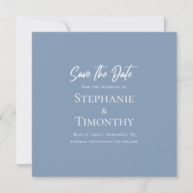 Invitation Minimal Enregistrer La Date QR Code Dusty Blue Mar (Devant)