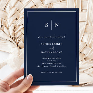Invitation Minimal et chic   Bleu de marine avec Mariage fron
