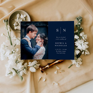 Invitation Minimal et chic   Mariage photo bleu marine