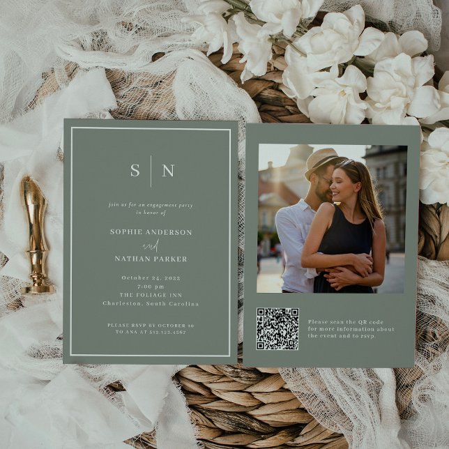 Invitation Minimal et chic | Photo du code QR de la partie En (A dreamy engagement party invite in trendy sage green)