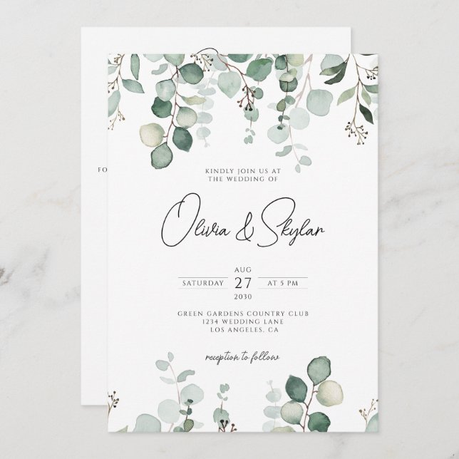 Invitation Minimal Eucalyptus Botanique QR Tout en un Mariage (Devant / Derrière)