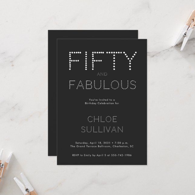 Invitation Minimal Fifty and Fabulous 50th Birthday Party (Devant/Arrière en situation)