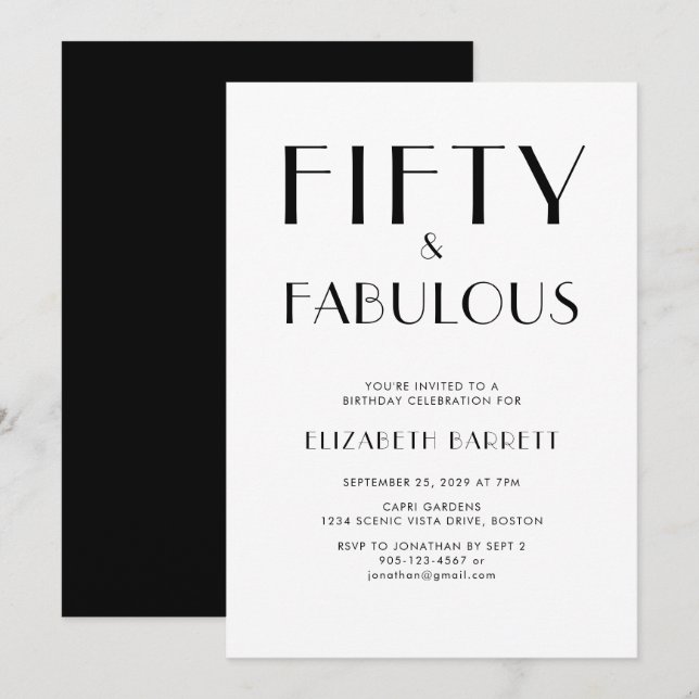 Invitation Minimal Fifty and Fabulous 50th Birthday Party (Devant / Derrière)