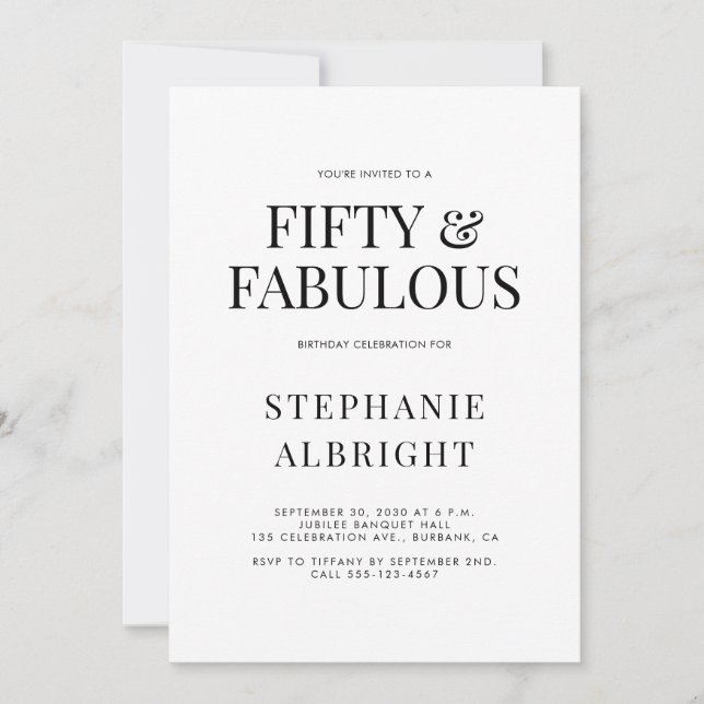 Invitation Minimal Fifty and Fabulous 50th Birthday Party (Devant)
