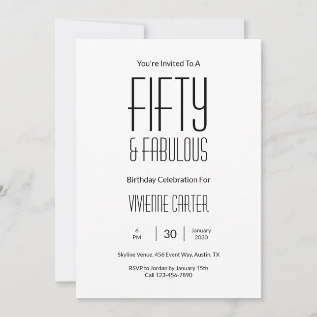 Invitation Minimal Fifty and Fabulous 50th Birthday Party (Devant)