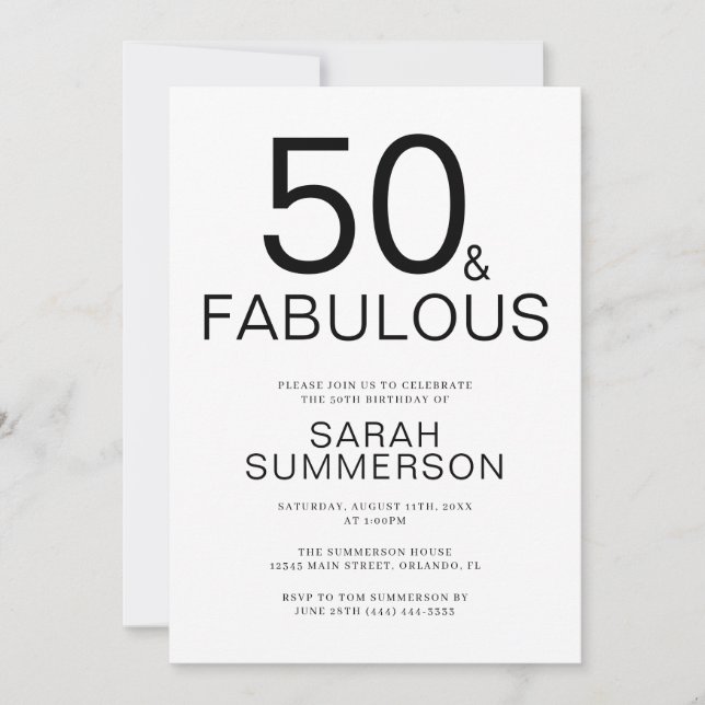 Invitation Minimal Fifty and Fabulous 50th Birthday Party (Devant)