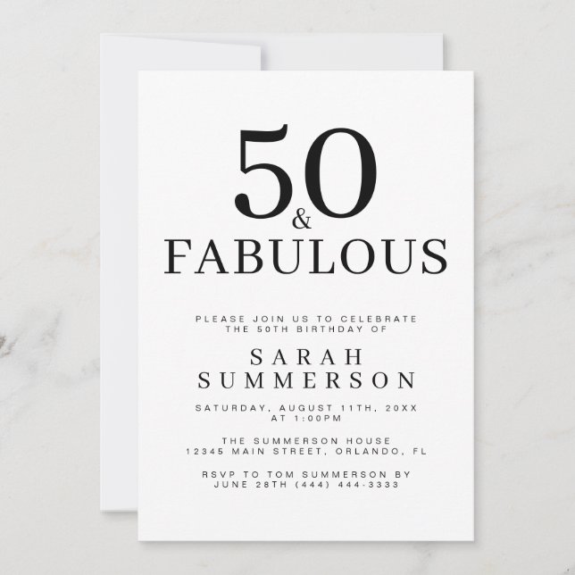 Invitation Minimal Fifty and Fabulous 50th Birthday Party (Devant)