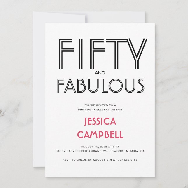 Invitation Minimal Fifty and Fabulous 50th Birthday Party (Devant)