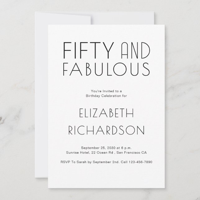 Invitation Minimal Fifty and Fabulous 50th Birthday Party (Devant)
