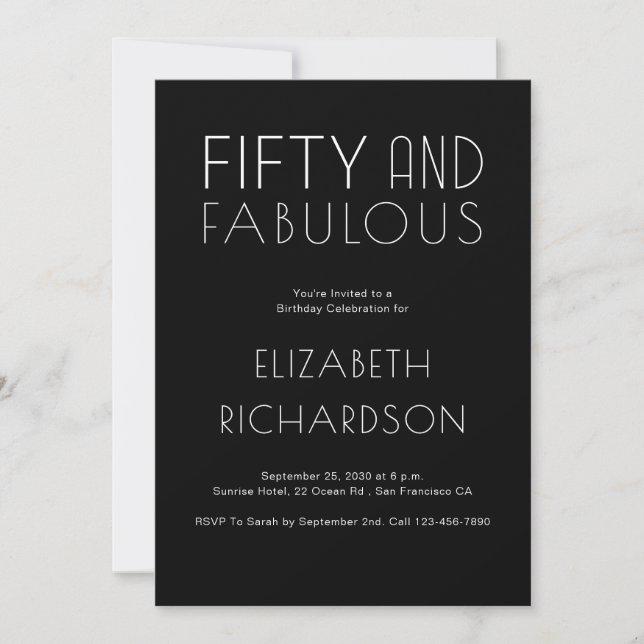 Invitation Minimal Fifty and Fabulous Black 50th Birthday  (Devant)