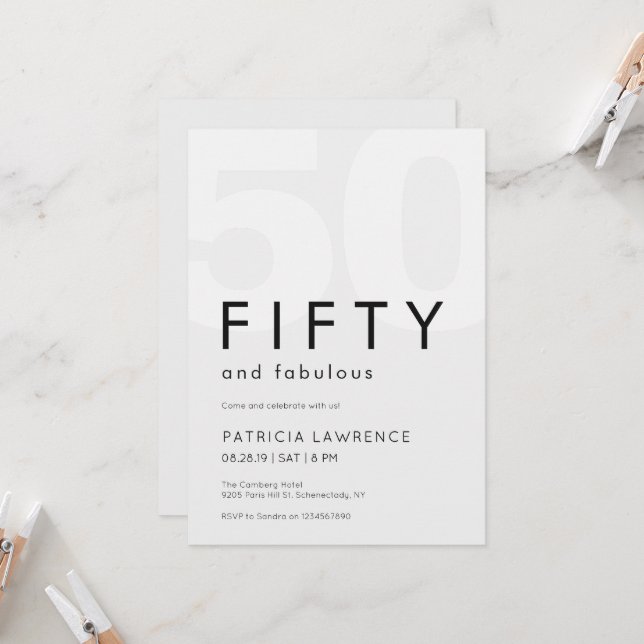 Invitation Minimal Fifty et Merveilleux 50e Anniversaire (Devant/Arrière en situation)