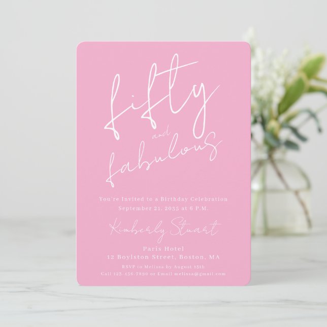 Invitation Minimal Fifty & Fabulous 50e Script Rose Anniversa (Debout devant)