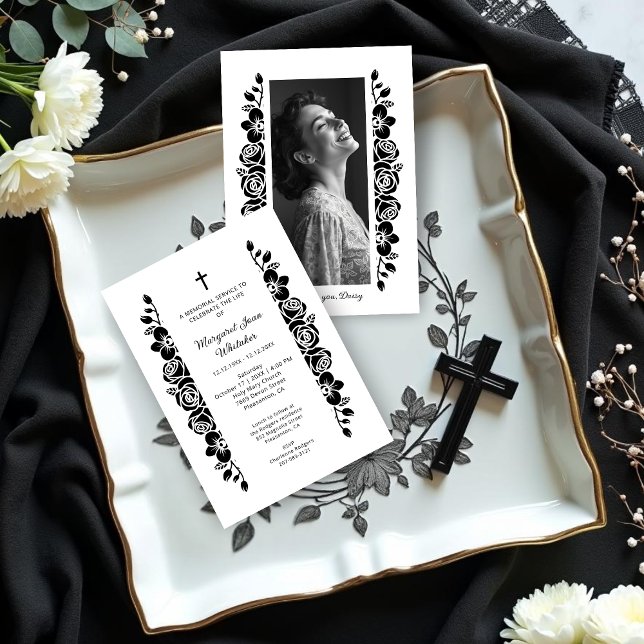 Invitation Minimal Floral Back & White Garland Photo Funeral (Exquisite Minimalist Floral Back & White Floral Garlands Funeral Invitation Cards with Back Photo.)