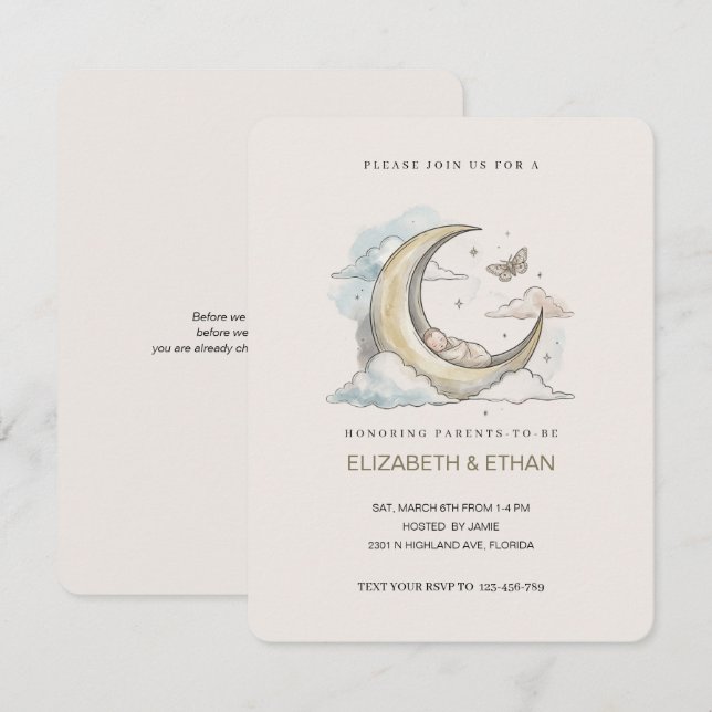 Invitation Minimal Gold Crescent Moon Swaddled Baby Shower (Devant / Derrière)