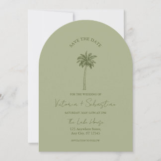 Invitation Minimal Green Palm Tree Beach Save The Date