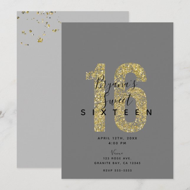 Invitation Minimal Grey Gold Flakes 16 Paillettes 16e Anniver (Devant / Derrière)