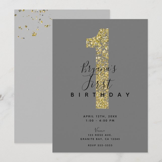 Invitation Minimal Grey Gold Flakes 1 Pailletés 1er Anniversa (Devant / Derrière)