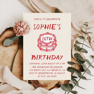 Invitation Minimal Hand Drawn Red Cake 16th Birthday