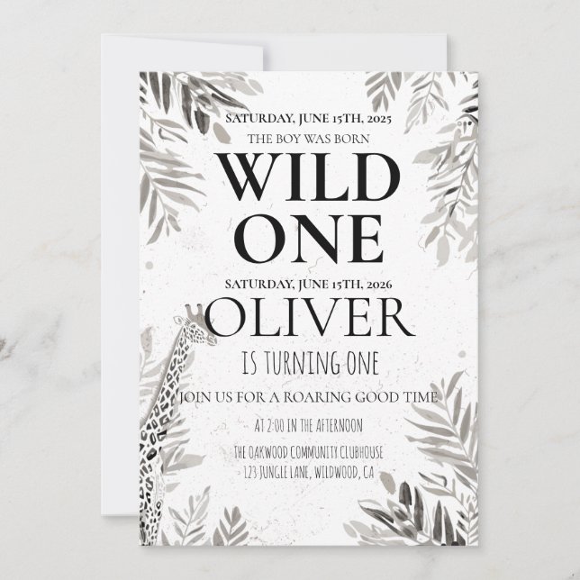 Invitation Minimal Jungle Wild One 1er Anniversaire Verdure (Devant)