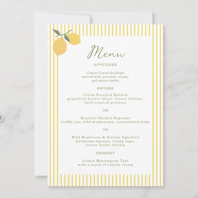 Invitation Minimal Lemon Amalfi Coast 5x7 Wedding Menu Card (Devant)