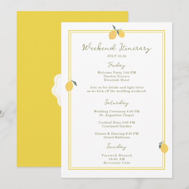 Invitation Minimal Lemon Amalfi Coast Wedding Itinerary Card (Devant / Derrière)