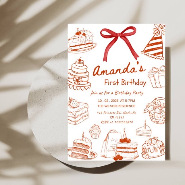 Invitation Minimal Line Art Birthday Cake Baby’s 1st Birthday (Créateur téléchargé)