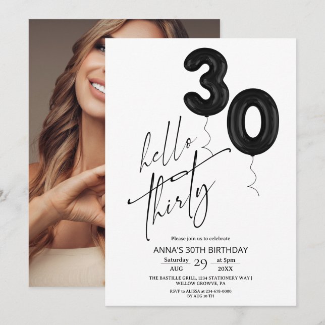 Invitation Minimal Modern Black White 30th Birthday (Devant / Derrière)