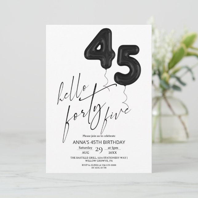 Invitation Minimal Modern Black White 45th Birthday (Debout devant)