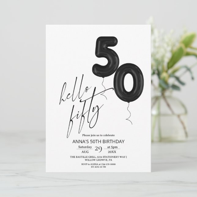 Invitation Minimal Modern Black White 50th Birthday (Debout devant)