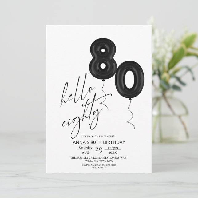 Invitation Minimal Modern Black White 80th Birthday (Debout devant)