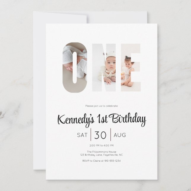 Invitation Minimal Modern First Birthday Photo Party  (Devant)