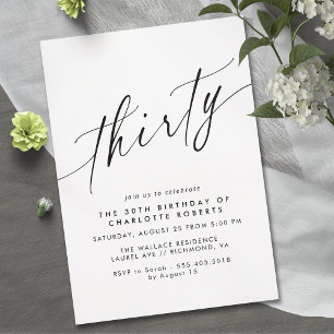 Invitation Minimal moderne   Black and White 30th Birthday