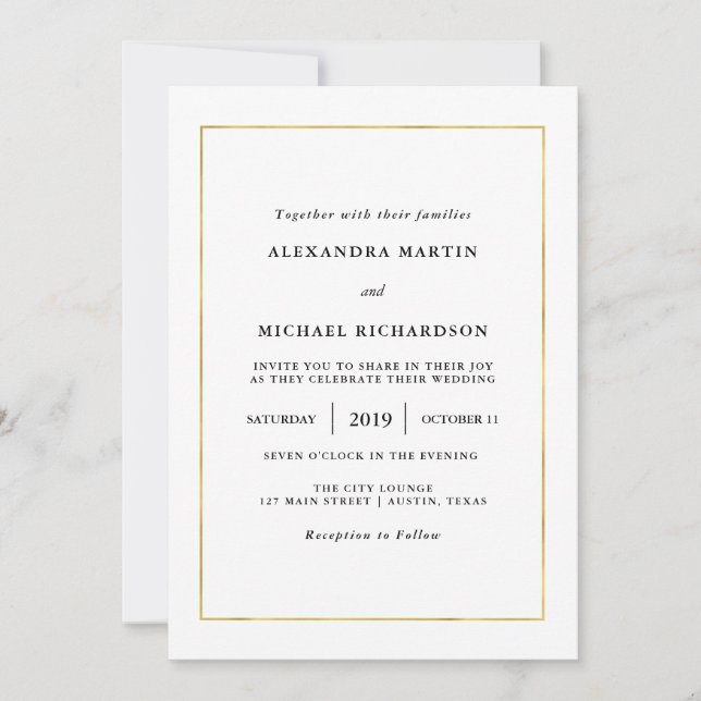 Invitation Minimal moderne | Faux Gold Border Mariage (Devant)